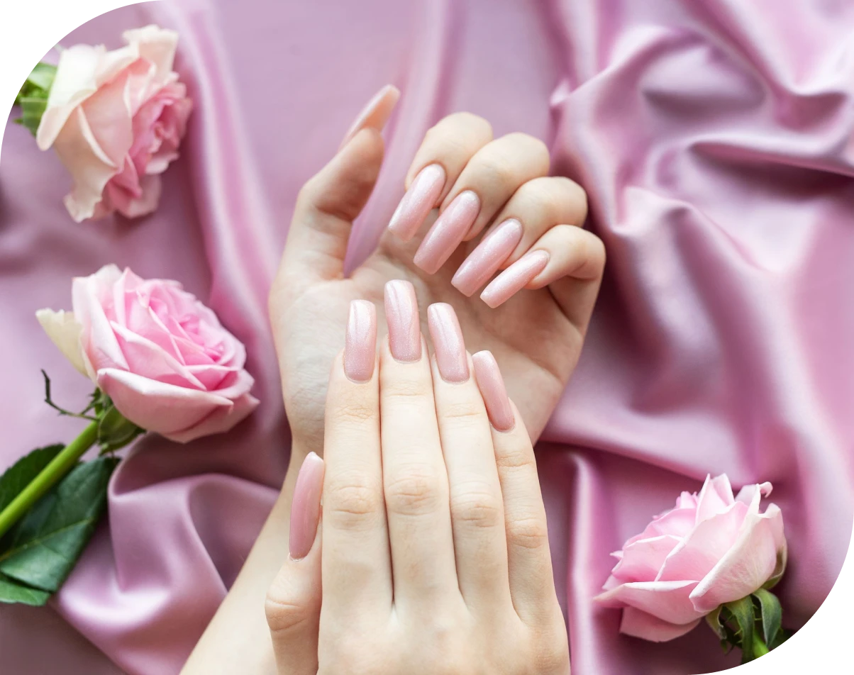 Pink nails on satin with roses