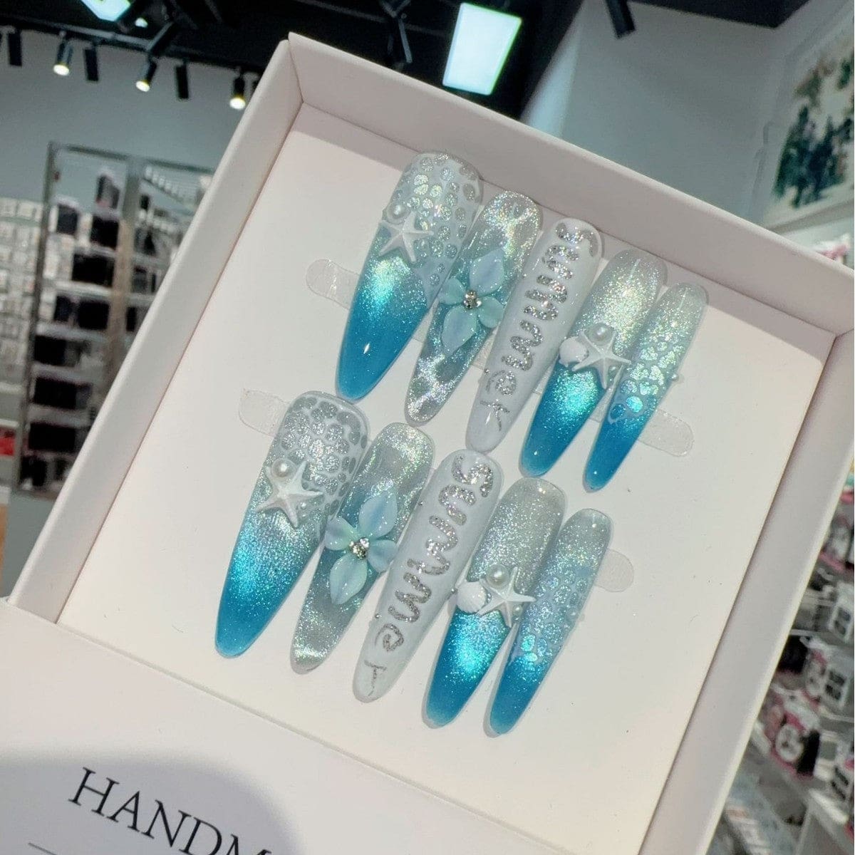 "Blue Lagoon" – 3D Shell Handmade Stiletto Nails